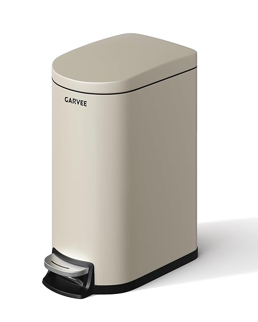 Garvee 2.6 gal / 10 L Metal Bathroom Trash Can with Lid, Slim Waterproof Garbage Can for Bedroom, Small Step-on Trash Bin with Inner Bucket, Rear Handle, Soft Close Lid, Sand Beige