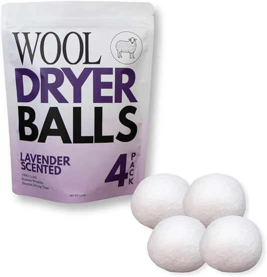 Lavender Scented Wool Dryer Balls – 4 XL Pack – Natural Fabric Softener, Reusable, Reduces Static, Reduces Wrinkles & Shortens Drying Time, Made W/Essential Oil, 100% Pure Wool
