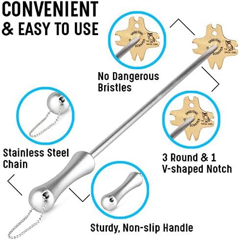 Sage Owl Bristle-Free Brass BBQ Grill Scraper with 17.5’’ Handle and Extra Portable Standard Stainless Steel Barbecue Grill Cleaner Tool - Cooking Stocking Stuffers Men