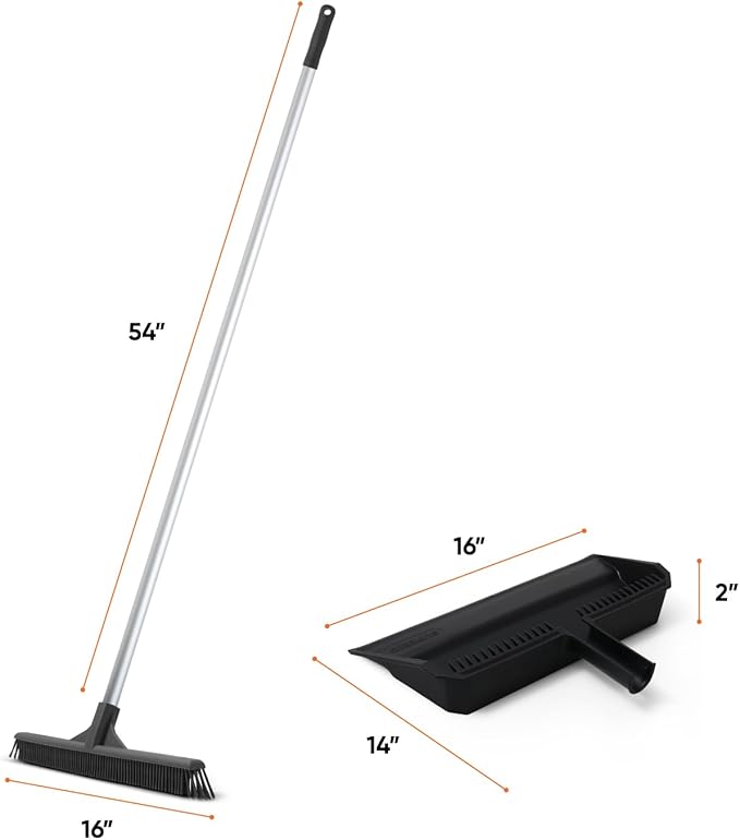 Superio 16 Silicone Pet Hair Remover Broom & 16 Dustpan with Comb, Rubber Lip & Clip - Carpet Rake Floor Cleaning Set for Carpet, Hardwood & Tile - Removes Fur, Dust & Debris