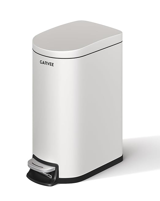 Garvee 2.6 Gallon / 10L Metal Bathroom Trash Can with Lid, Slim Step-On Bin with Soft-Close, Removable Inner Bucket & Rear Handle, Waterproof, White
