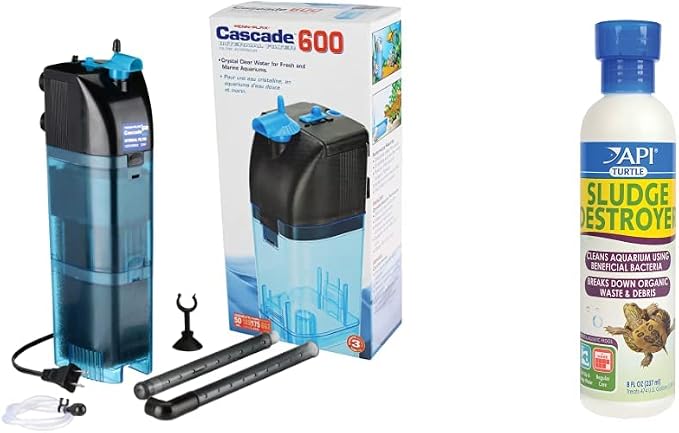 Penn-Plax Cascade 600 Fully Submersible Internal Filter & API Turtle Sludge Destroyer Aquarium Cleaner and Sludge Remover Treatment 8-Ounce Bottle