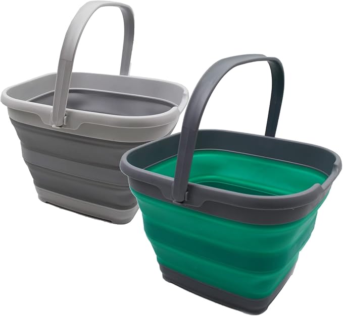 SAMMART 10L (2.6 Gallon) Collapsible Rectangular Handy Basket/Bucket (Grey + Bluish-Green, 2)