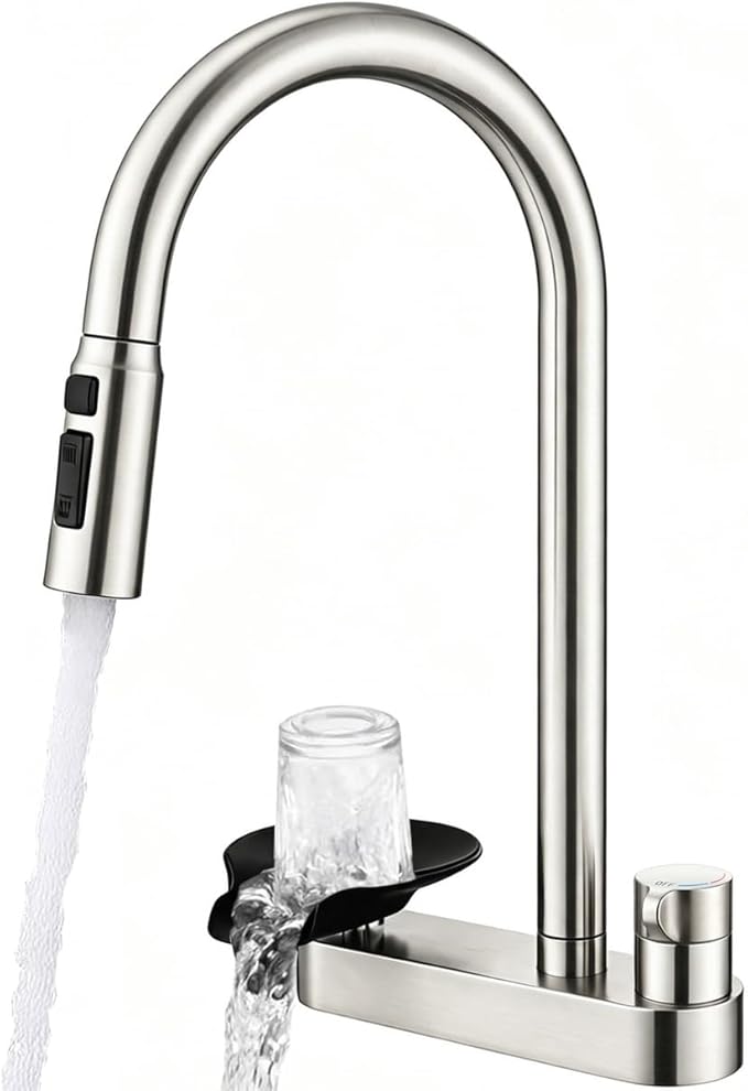 Kitchen Faucet with Pull Down Sprayer and Cup Washer, Glass Rinser Faucet, Lead-Free Brass Waterway, 3 Spray Modes, Single Handle, Single Hole Kitchen Sink Faucet, Brushed Nickel