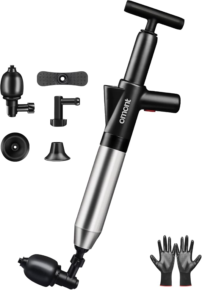 Toilet Plunger Drain Clog Remover: High Pressure Air Drainage Blaster Gun Clog Remover Tool with Gloves- Stainless Steel Black Air Plunger for Bathroom, Sink, Floor, Kitchen Clogged