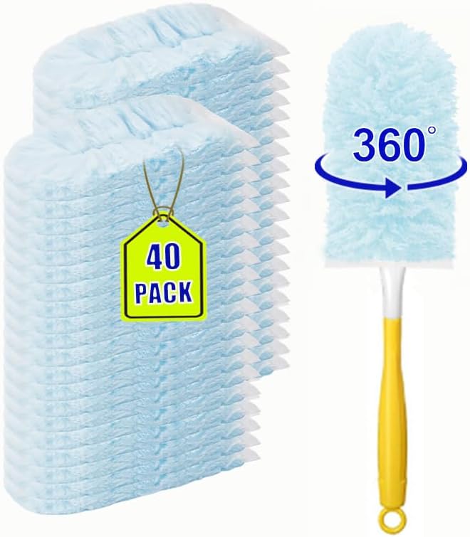 40 Count Duster Refills 360° Heavy Duty Duster Refills ，Compatible with Swiffer Duster， Dusters for Cleaning Home Unscented Disposable Dusters (Blue) (2 Short Handle)