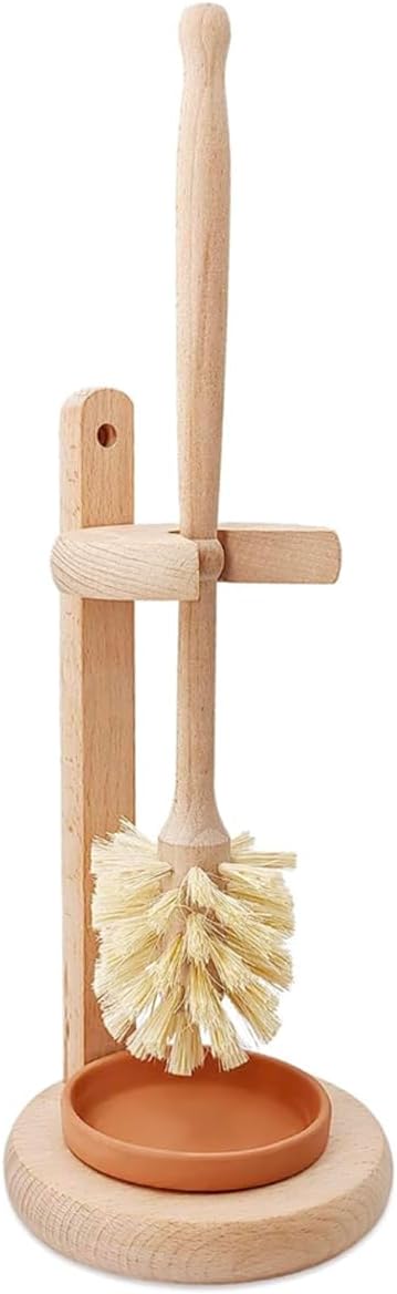 ELDR Supply Toilet Bowl Cleaner Brush with Holder, 14 Inch Extra Long German Beechwood Handle, Strong Hemp Bristles, Ceramic Drip Tray, Biodegradable