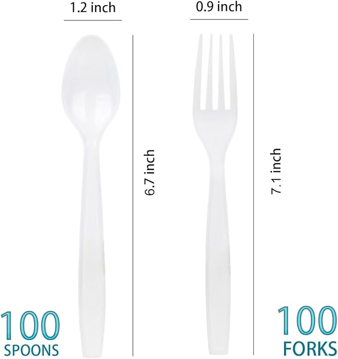 MOACOCK 200 Count White Plastic Silverware, Heavy Weight Plastic Forks Spoons Disposable Utensils Cutlery Set for Wedding Party Supplies Everyday Use