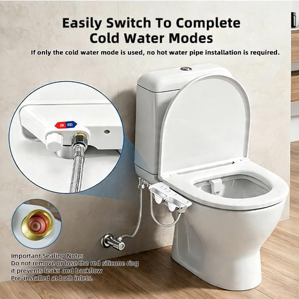 ULTRA-SLIM BIDET ATTACHMENT FOR TOILET WITH SOLID BRASS INLETS, DUAL TEMPERATURE HOT AND COLD WATER BIDET, NON-ELECTRIC TOILET BIDET WITH FEMININE & POSTERIOR WASH, NOZZLE SELF-CLEANING, 0.2"