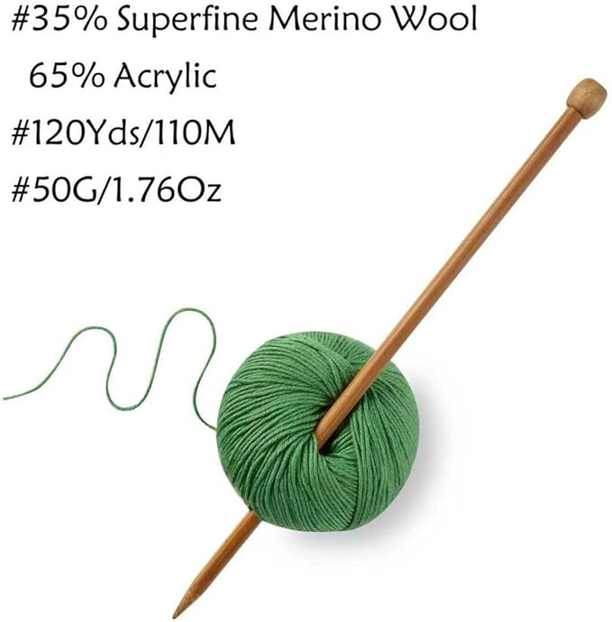 Merino Wool Yarn, 12-Ply Luxurious and Soft Yarn for Hand Knitting & Crocheting, 1.76 OZ/50g, 120 yds/110 Meters(Grass Green,6Balls)