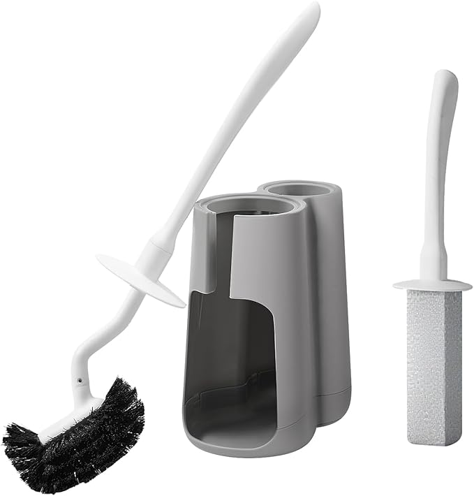 Toilet Brush & Pumice Stone Brush Combo, 2-in-1 Toilet Bowl Brush with Curved Deep Cleaning Brush and Extended Handle, Dual-Slot Holder Set, Compact Size Toilet Cleaner Brush Organizer (Dark Grey)