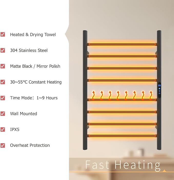 KWW Heated Towel Rack, Remote Control with APP Tuya, Towel Warmer with Timer, Wall Mounted Hot Towel Warmer for Bathroom (Matte Black, 7Bars)