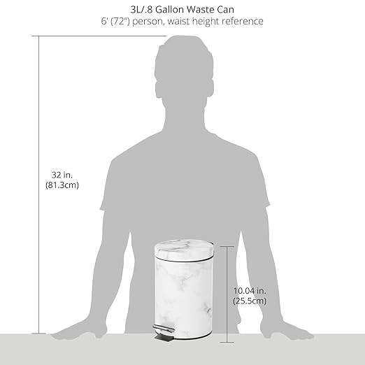 mDesign Extra Small Modern 3-Liter/.7 Gallon Round Metal Lidded Step Trash Can, Compact Garbage Bin with Removable Liner Bucket and Handle for Bathroom, Kitchen, Office, Garage - White Marble Print