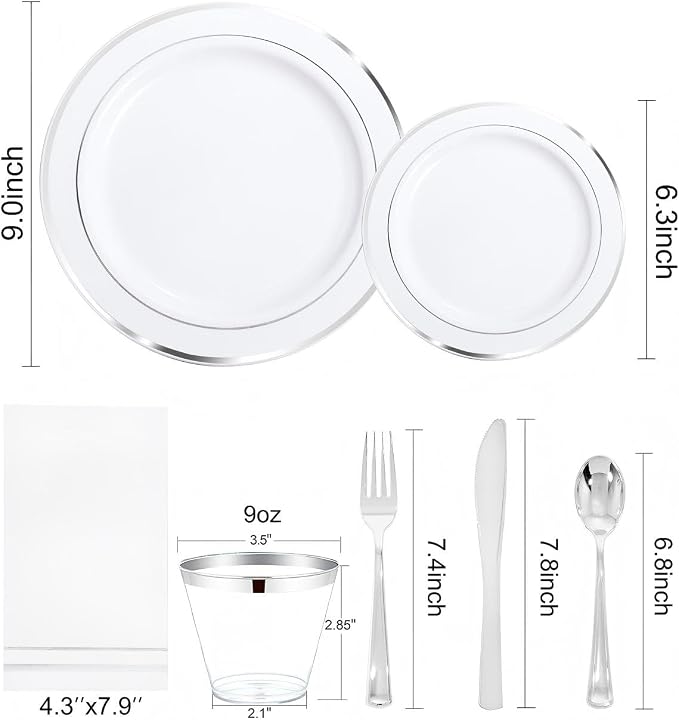 GATHER 350PCS Silver Plastic Plates - White and Silver Disposable Plates for 50 Guests Includes 100 Plate, 50 Napkins, 150 Silvery Cutlery and 50 Cups for Party & Wedding