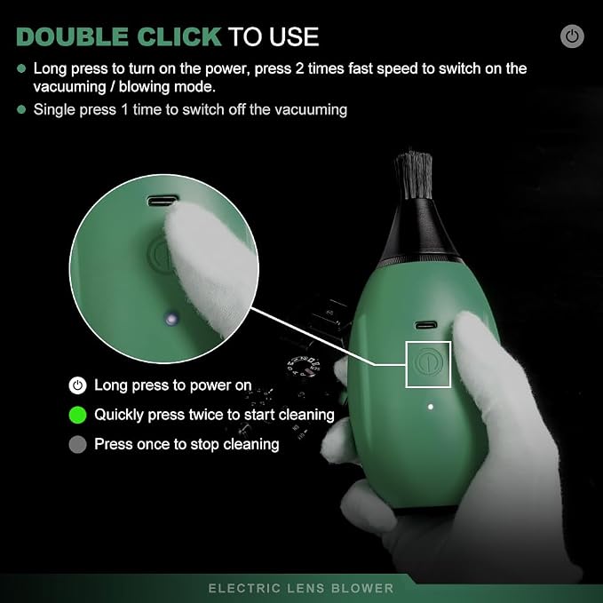 Electric Air Blower Kit, with 4 Soft Tip Silicone Replacable Nozzles, Mechanism Dust Blower and Vacuum Cleaner, Professional Air Blaster for Camera Sensor CCD CMOS (Green)