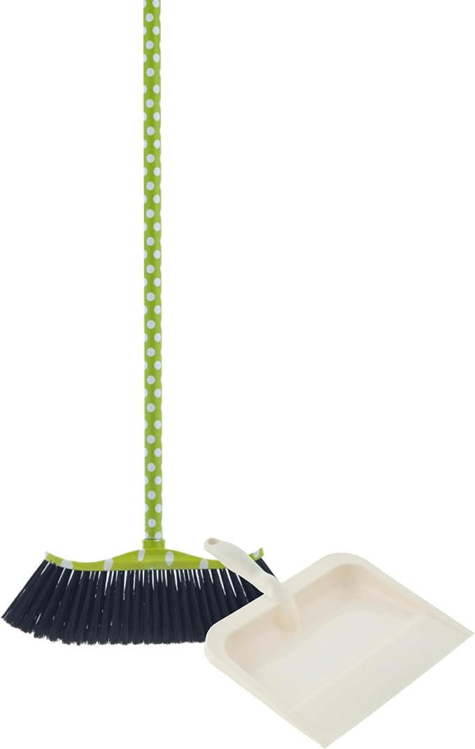 Superio Polka Dot Printed Broom, 2-Pack, Heavy-Duty Indoor & Outdoor Push Brooms with Black Plastic Bristles, Multi-Surface Floor Sweeper, Wooden Handles, 12-Inch Wide Sweeping Head