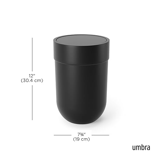 Umbra Touch Trash Can, Small 1.6-Gallon Garbage Bin with Swing Lid, Waste Basket for Bathroom or Office, Black