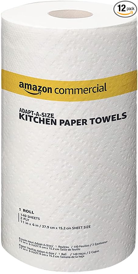 AmazonCommercial 2-Ply White Adapt-a-Size Kitchen Paper Towels, Absorbent, Thick, Individually Wrapped, 140 Towels per Roll (12 Rolls), 1,680 Sheets Total