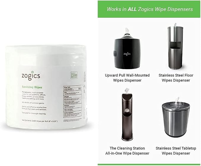 Zogics Sanitizing Wipes and Wall Mounted Dispenser – No-Touch Wipes Dispenser, Mounts Easily to Wall for Quick Access to Sanitizing Wet Wipes (4 Pack Sanitizing Wipes included)