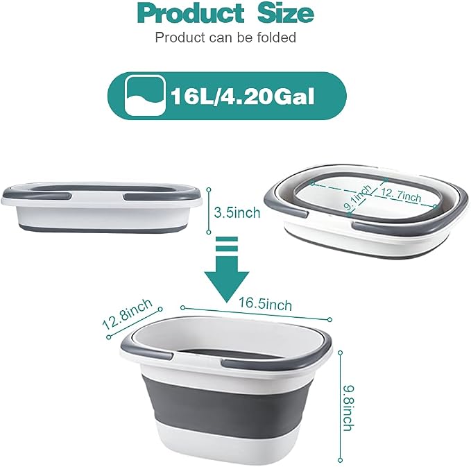 Goderewild 2 Pack Large Collapsible Mop Bucket 4.2 Gallon(16L) with Handle for House Cleaning, Space Saving Outdoor Multiuse Foldable Water Pail for Camping, Fishing, RV(2, Grey)
