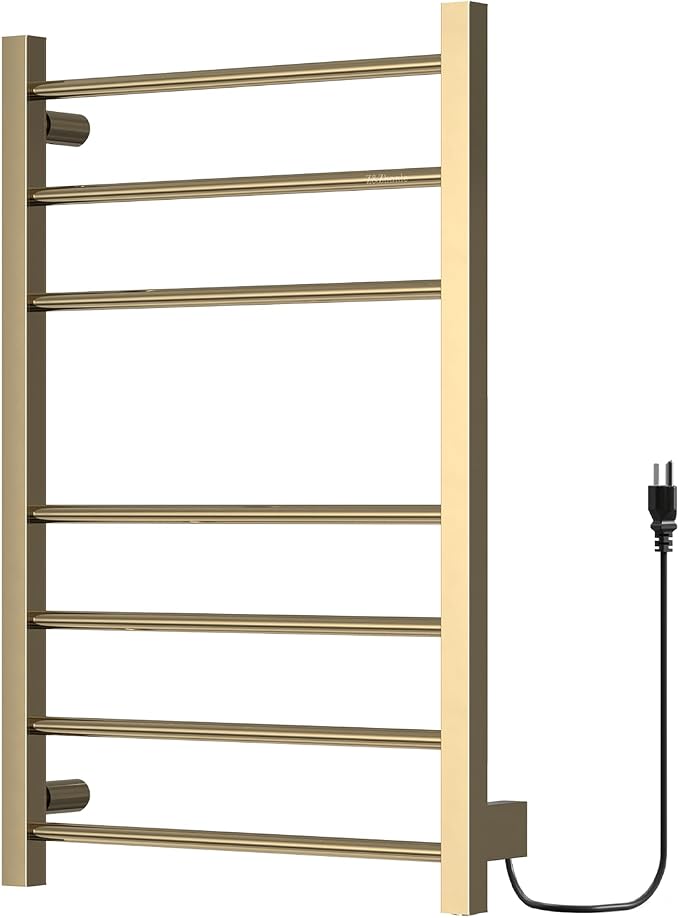 Z&Zhanle Electric Heated Towel Rack, Gold Finish, Wall Mounted Bathroom Warmer with Temperature Control, (Energy Efficient) with 7-Bar & Aluminum Frame for Bathroom