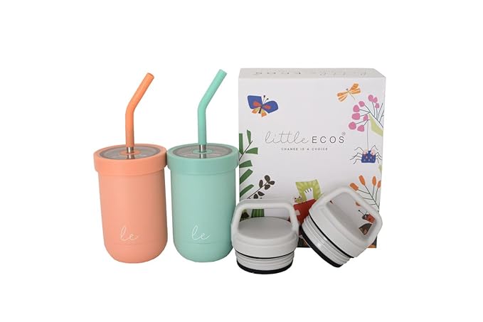 Double walled Insulated Smoothie cups for kids | Toddler Cups with Straws | Set of 2 Straw Sippy Cup | Stainless steel baby cup with Thermos Lid for Hot Storage | Kids Straw Cups