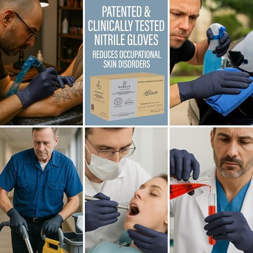 Ensure Black Nitrile Gloves – 5 Mil Heavy-Duty Disposable Gloves, Low Dermatitis, Powder & Latex Free, Chemo-Rated