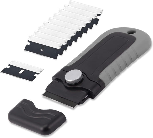 Gomake Locking Razor Blade Scraper with Safety Cap, Glass Cooktop Scraper with 10PCS Black Carbon Steel Blades for Glass Clean, Paint and Old Label,Decal Sticker Remover, Stove Top Scraper Tool