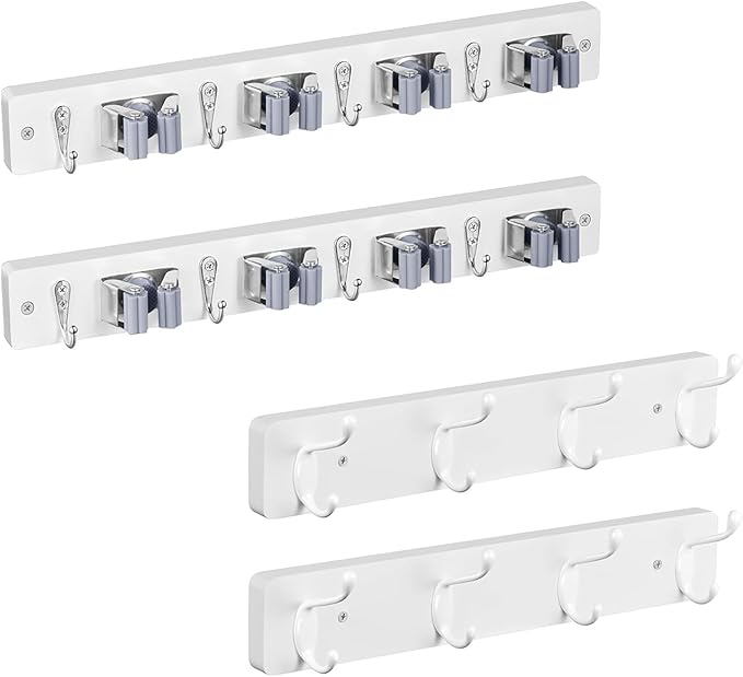 OUTNILI White Broom Holder and Coat Rack Wall Mount Bundle