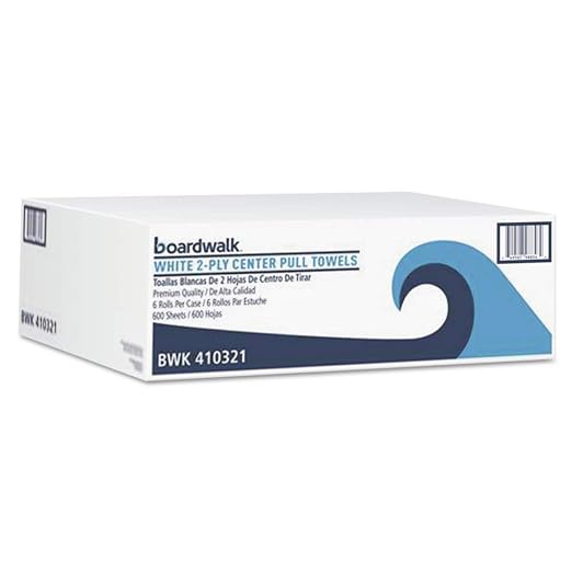 Boardwalk B6400 7.87 in. x 10 in. 2-Ply Perforated Center-Pull Hand Towels - White (6/Carton) & BWK410321 7.6 in. x 8.9 in. 2 Ply Center-Pull Roll Towels - White (6/Carton)