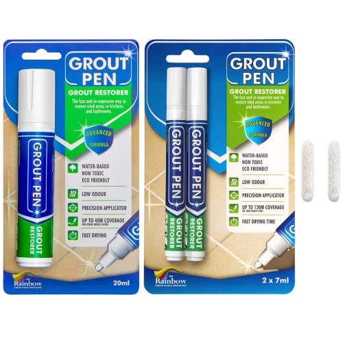 Grout Pen Tile Paint Marker: White 2 Pack with Extra Tips (Narrow, 5mm) & Large White (Wide, 15mm Tip) - Waterproof Grout Colorant and Sealer Pen to Renew, Repair, and Refresh Tile Grout