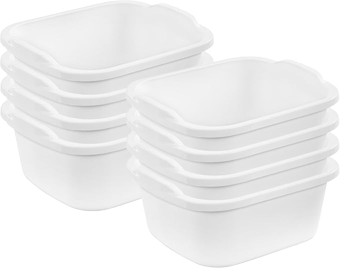 Sterilite 12 Quart Durable Heavy Duty Reinforced Plastic Kitchen Dishpan Basin with Molded Handles for Household Chores and Storage, White, 8 Pack