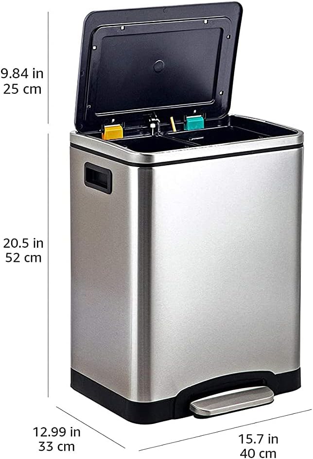Amazon Basics 30L Dual Bin Soft-Close Trash can with Foot Pedal - 2 x 15 Liter Bins, Stainless Steel, Small Inner bins, Suitable for 1 or 2 People