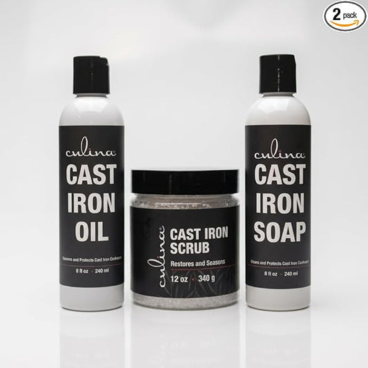 Culina Supreme Cast Iron Care Set: Restoring Scrub, Cleaning Soap & Conditioning Oil | Best for Cleaning Care, Washing & Restoring | 100% Plant-Based | for Cast Iron Cookware, Skillets, Pans & Grills!