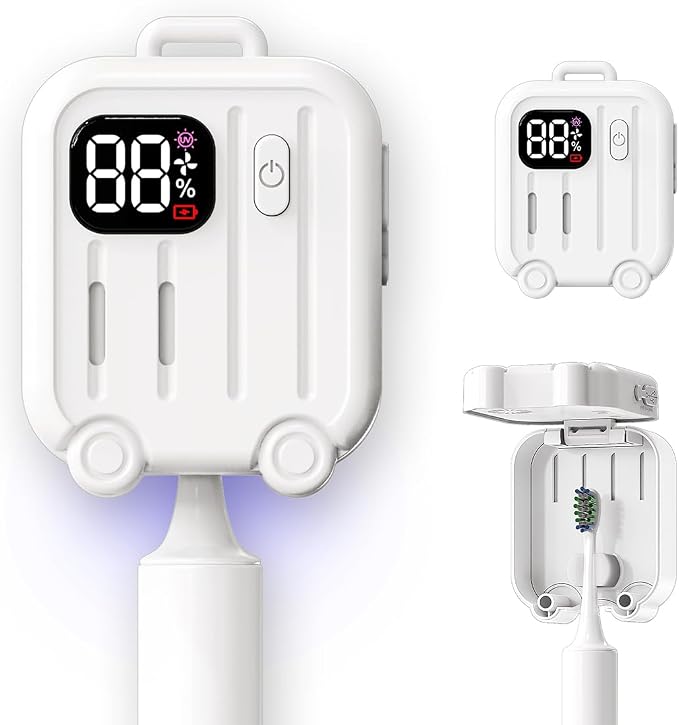 Toothbrush Sanitizer and Holder, Portable Toothbrush Sterilizer Case, Wall Mounted Toothbrush Holder for Bathroom, Travel Toothbrush Case, Rechargeable Cleaner with LED Display, White
