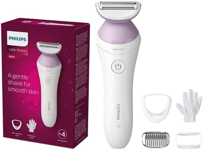 Philips Lady Shaver Series 6000, Single Foil Shaver - Wet & Dry, Cordless - Includes 4 attachments (trimming comb, soft glide cap, skin stretcher, exfoliation glove) - White/Purple - BRL136/00
