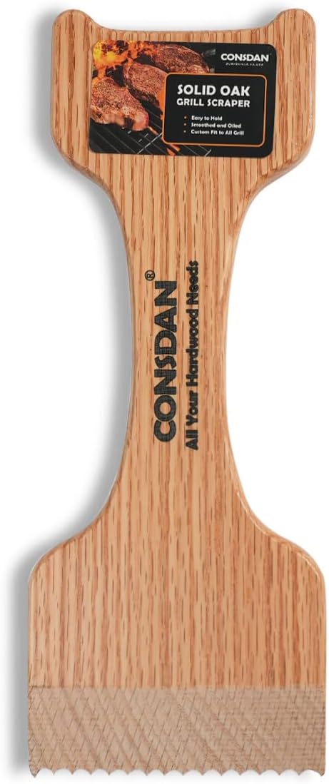 CONSDAN Wood Grill Scraper, Soild Oak Wooden Grill Brush, Grill Scraper for Outdoor Grill, Bristle Free Grill Scrapers, Grill Grate Cleaner Safe Wood Grill Brusher