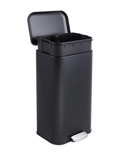 Garvee 8 gal Kitchen Trash Can, Step Garbage Can with Soft-Close Lid, Stainless Steel Recycling Bin with Removable Inner Bucket, Rectangular Waste Container for Living Room, Office, Black