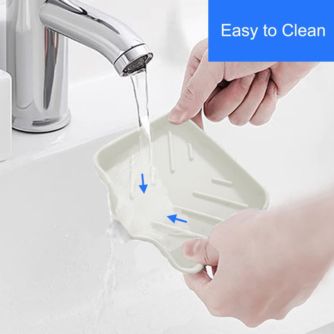 Sponge Holder with Drain Spout, Silicone Sponge Tray for Kitchen Sink, Rubber Soap Dish for Shower Bathroom (Beige, 4.7" x 3.6")