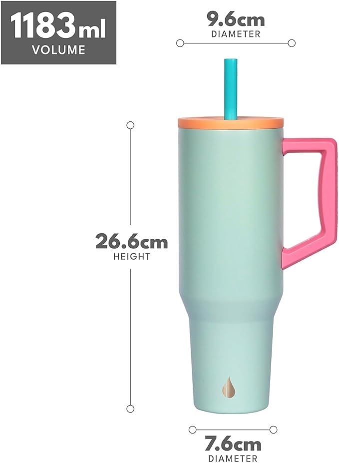 Elemental 40 oz Tumbler with Handle and Straw - Spill Proof Insulated Stainless Steel Commuter for Cold Beverages - Travel Coffee Mug with 2 Straws & Spill Proof Lid - 40oz - Mint Sorbet