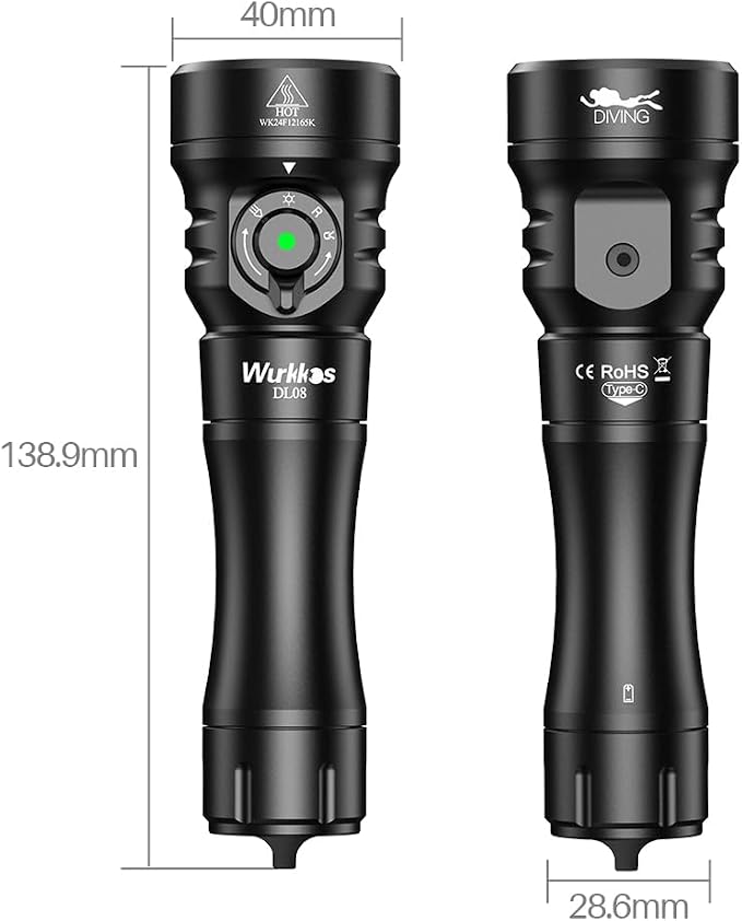 Wurkkos DL08 Dive Light, 3600 Lumens Rechargeable Scuba Underwater Lights with Red and UV Light, IP68 Underwater Video with Infinite Brightness Adjustment and 5000mAh Battery for Night Diving