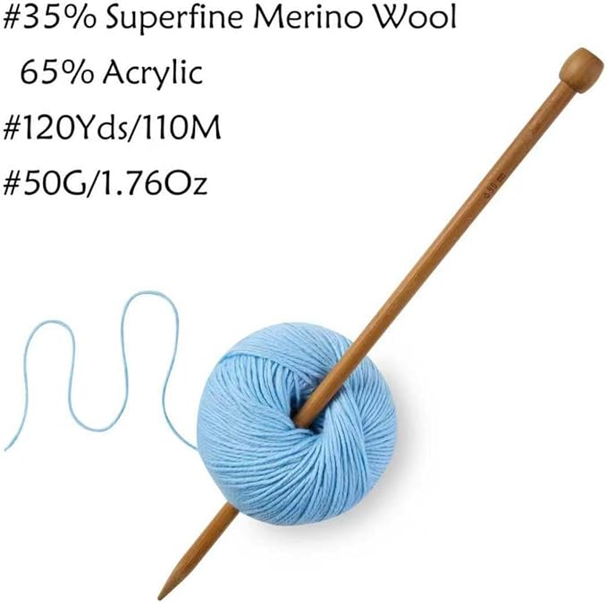 Merino Wool Yarn, 12-Ply Luxurious and Soft Yarn for Hand Knitting & Crocheting, 1.76 OZ/50g, 120 yds/110 Meters(Light Blue,2Balls)