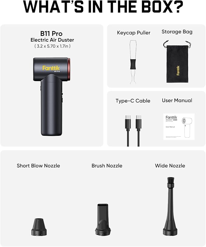 Fanttik B11 Pro Electric Air Duster, 110000RPM Brushless Motor, Compressed Air Duster, 100 Gears Adjustable, One-tap Booster, Rechargeable Battery, Electric Duster for PC, Car, House