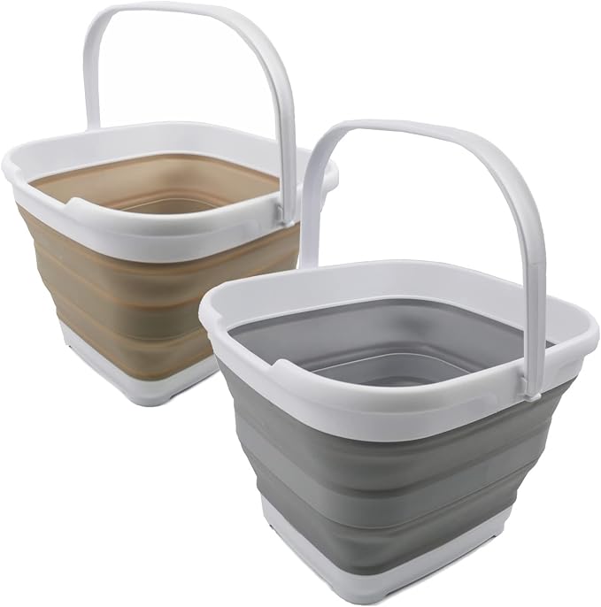SAMMART 10L (2.6 Gallon) Set of 2 Collapsible Rectangular Handy Basket/Bucket (Grey + Latte)