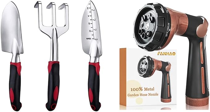 FANHAO 3 Piece Heavy Duty Gardening Tools + Garden Hose Nozzle