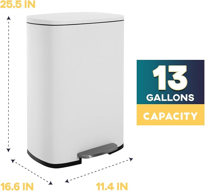 FDW | 13 Gallon Trash Can with Lid | White | Fingerprint-Proof | Made of Brushed Stainless Steel | Soft-Close Step Pedal | Hands-Free Use | Easy to Clean | for Kitchen, Office, Bathroom