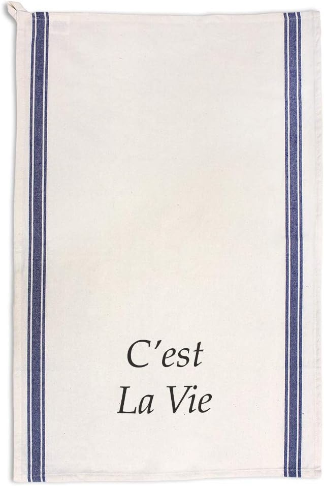 Custom Decor Kitchen Towels C'est La Vie Such as Life Foreign Languages Foreign Languages French Cleaning Supplies Dish Towels Blue Stripe Design Only