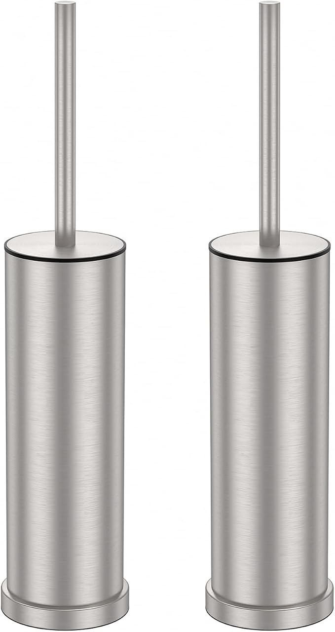 Stain Nickel Toilet Brush and Holder Set，2 Pack Stainless Steel Heavy Duty Toilet Bowl Brush，Extra Long Handled Toilet Cleaner Brush with Replaceable Head, Removable Inner Bowl & Splash Protection