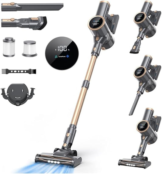 N12S Cordless Vacuum Cleaner, 30KPa Powerful Vacuum with 60 Mins Runtime, Self-Standing, LED Display, Rechargeable Lightweight Handheld Vacuum Cleaners (Gold)