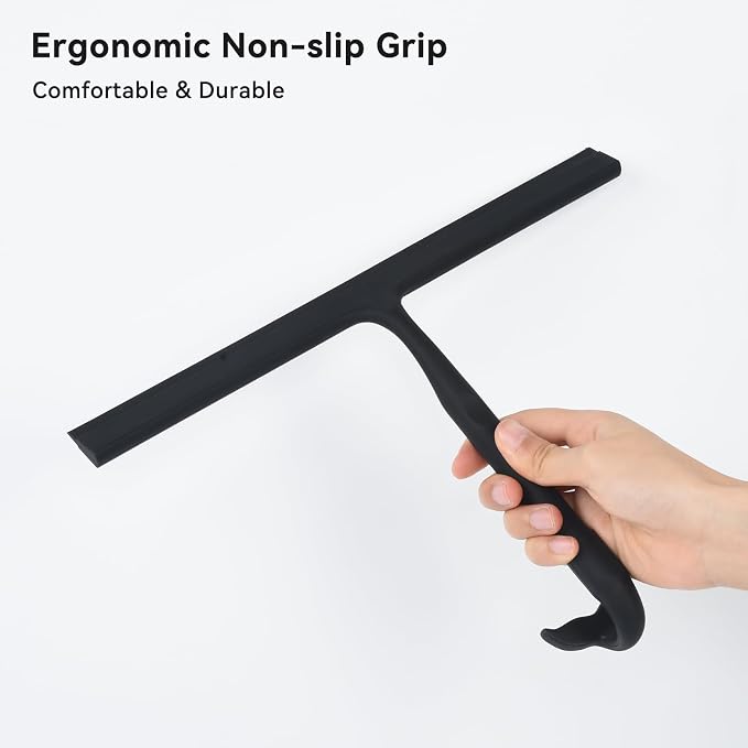 OTraki Black Silicone Shower Squeegee for Glass Doors, Bathroom Cleaner Tool Household Windows Mirror Squeegees, 8 Inch Portable Window Cleaning Tool with Fishtail and Metal Hook for Bathroom